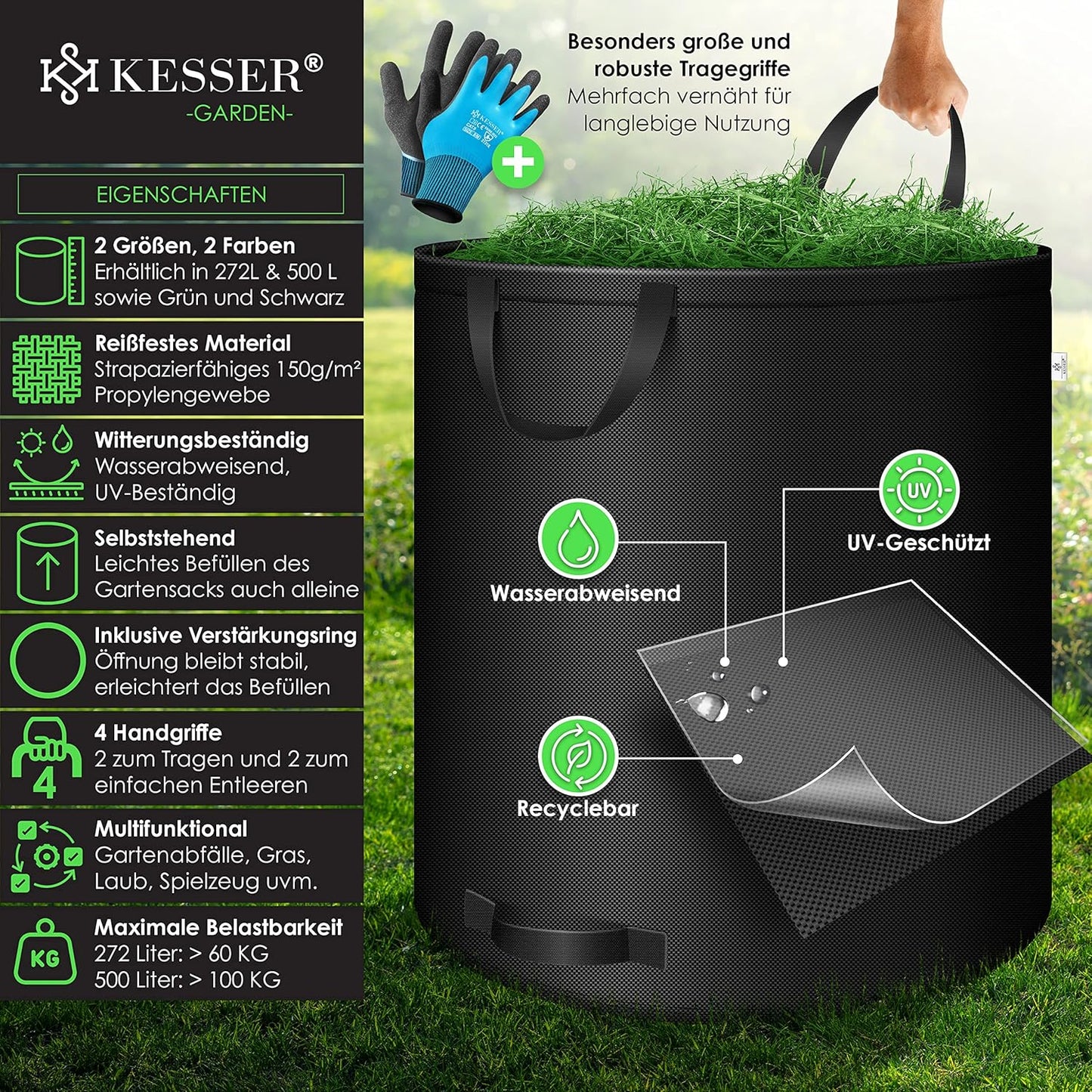 3er-Set Gartensack mit Handschuhen, 272 l (3er Pack) Schwarz