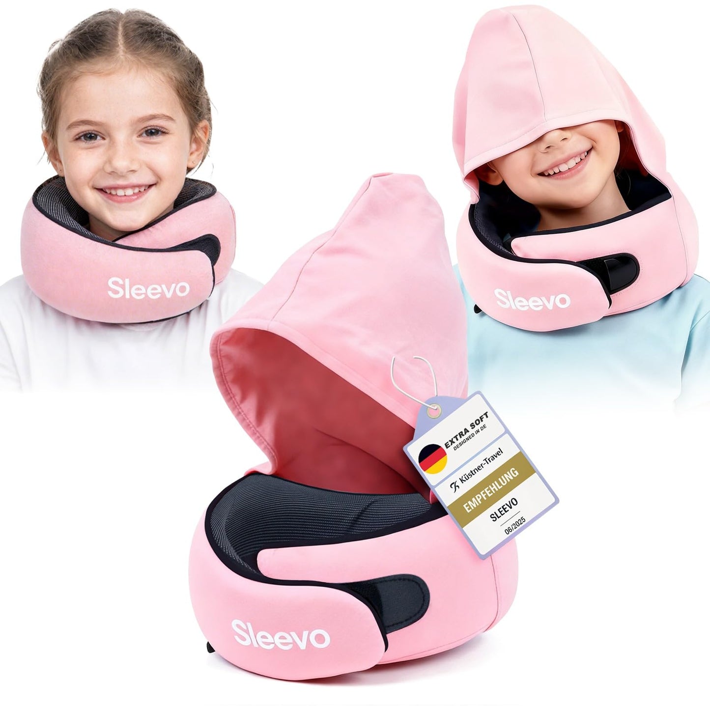 Reisekissen mit Kapuze für Kinder, Kinder Pink