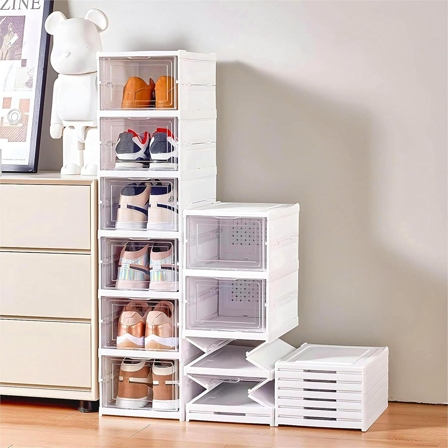 6er-Set Stapelbare Schuhboxen, Weiß - 6 Ebenen