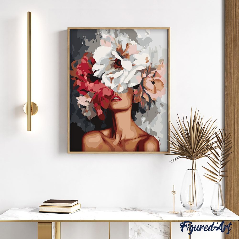 Malen nach Zahlen Set mit Rahmen, Schönheit hinter Blumen, Schönheit hinter Blumen 40x50cm Mit Rahmen (bereits gespannt)