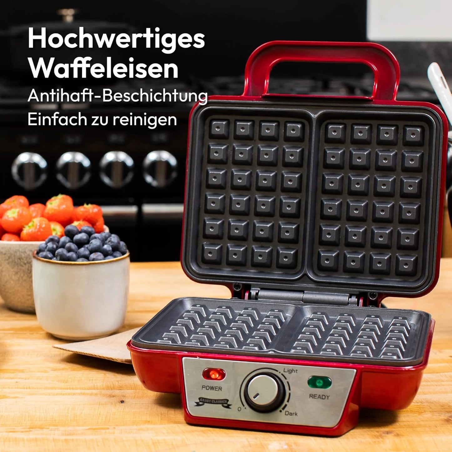 Belgisches Waffeleisen mit verstellbarer Temperatur, Rot