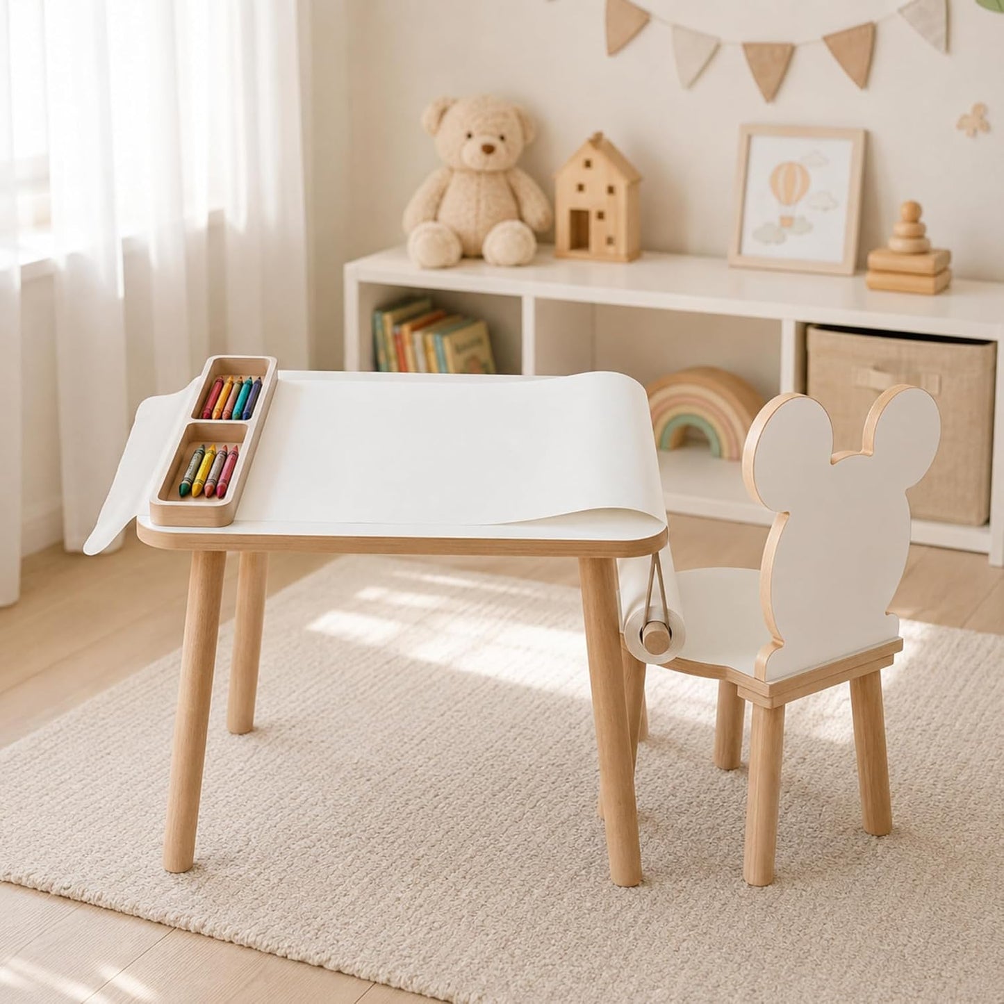 Kindertisch mit Papierrolle & Organizer, Weiss Holz 50 x 60 x 47 cm