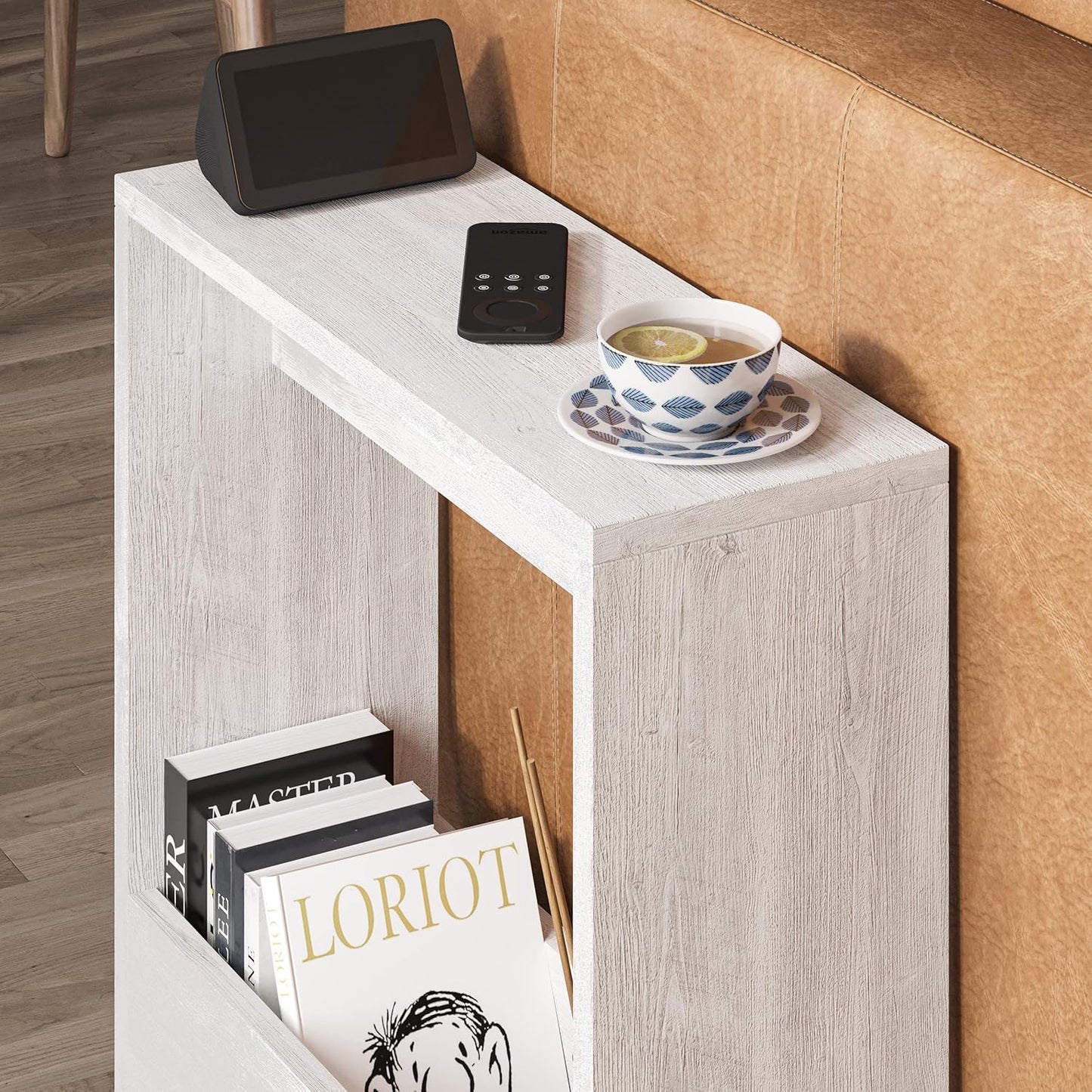Beistelltisch mit Magazinhalter für kleine Räume, Ancient White