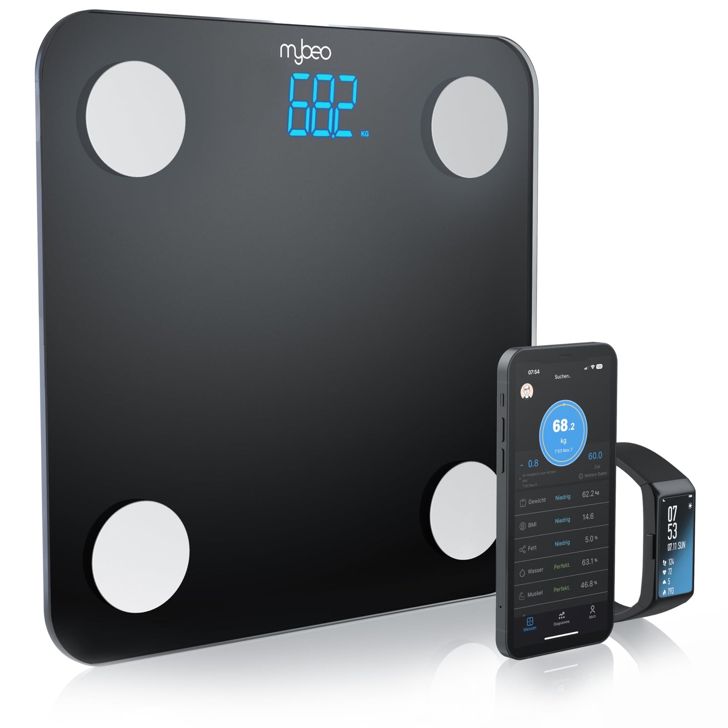 Digitale Bluetooth Körperfettwaage mit App-Steuerung, A: Schwarz