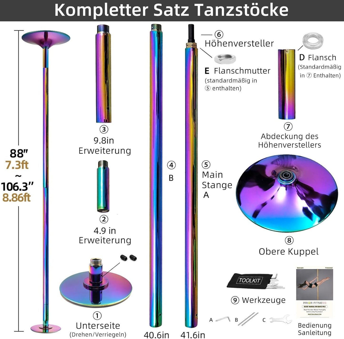 Höhenverstellbare Pole Dance Stange (drehend/statisch), Mehrfarbig