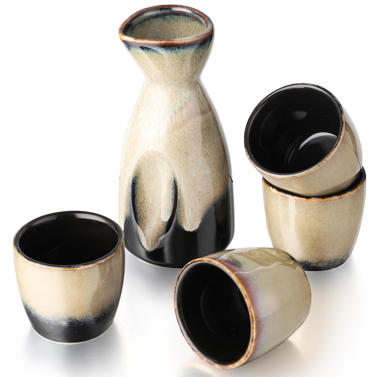 Sake-Set mit 4 Bechern und Wärmer, Gelb Schwarz