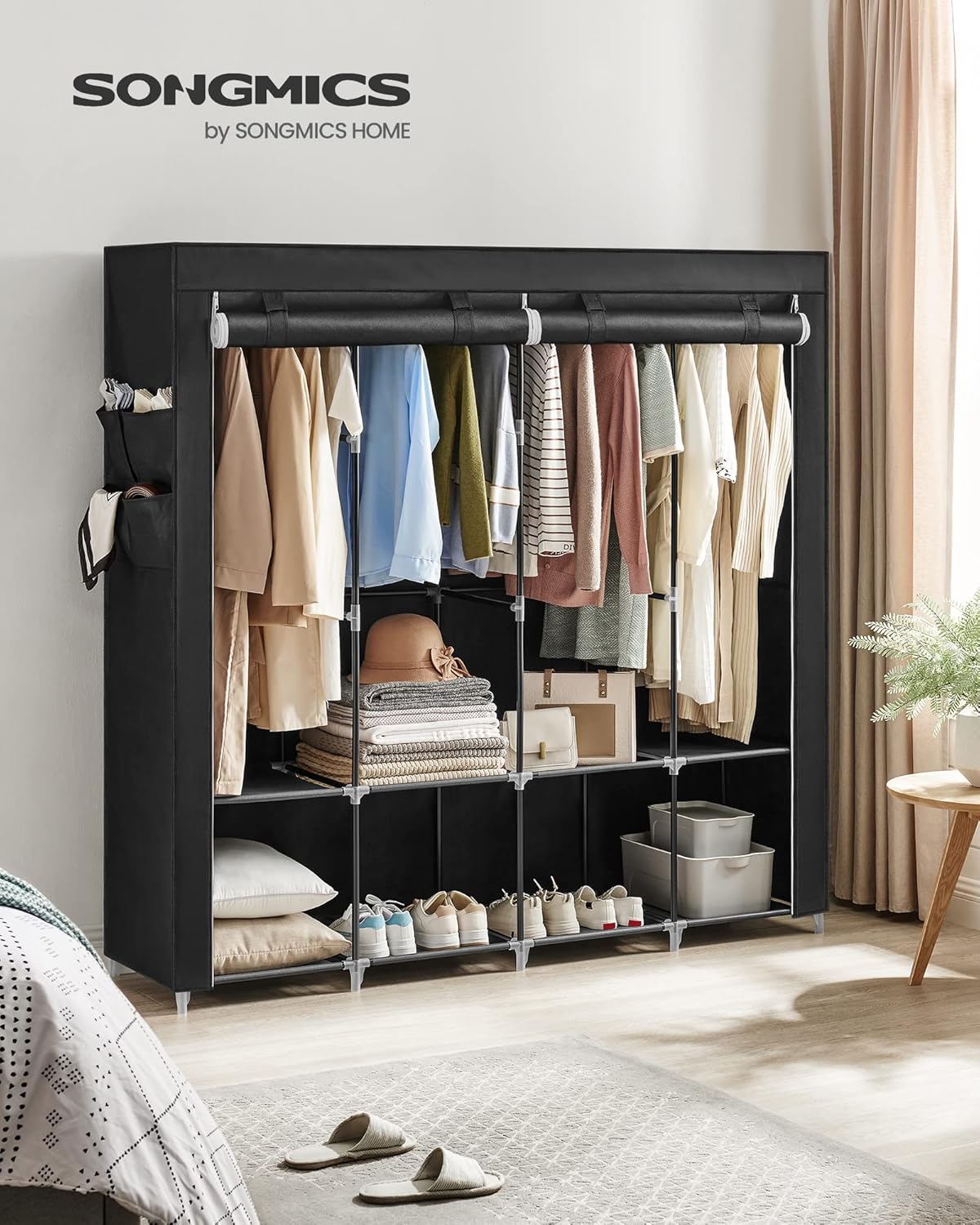 Stoffschrank mit 4 Hängefächern und Ablagen, 45 x 170 x 167 cm Schwarz