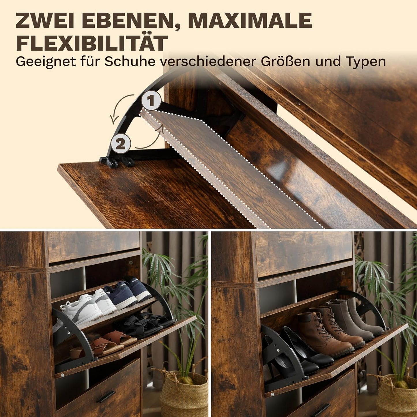 Schmaler Schuhschrank mit 4 Fächern, 4 Fächer Rustikal