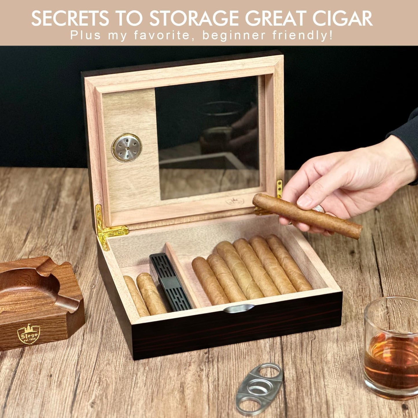 Zigarren-Humidor mit Hygrometer, Schwarz