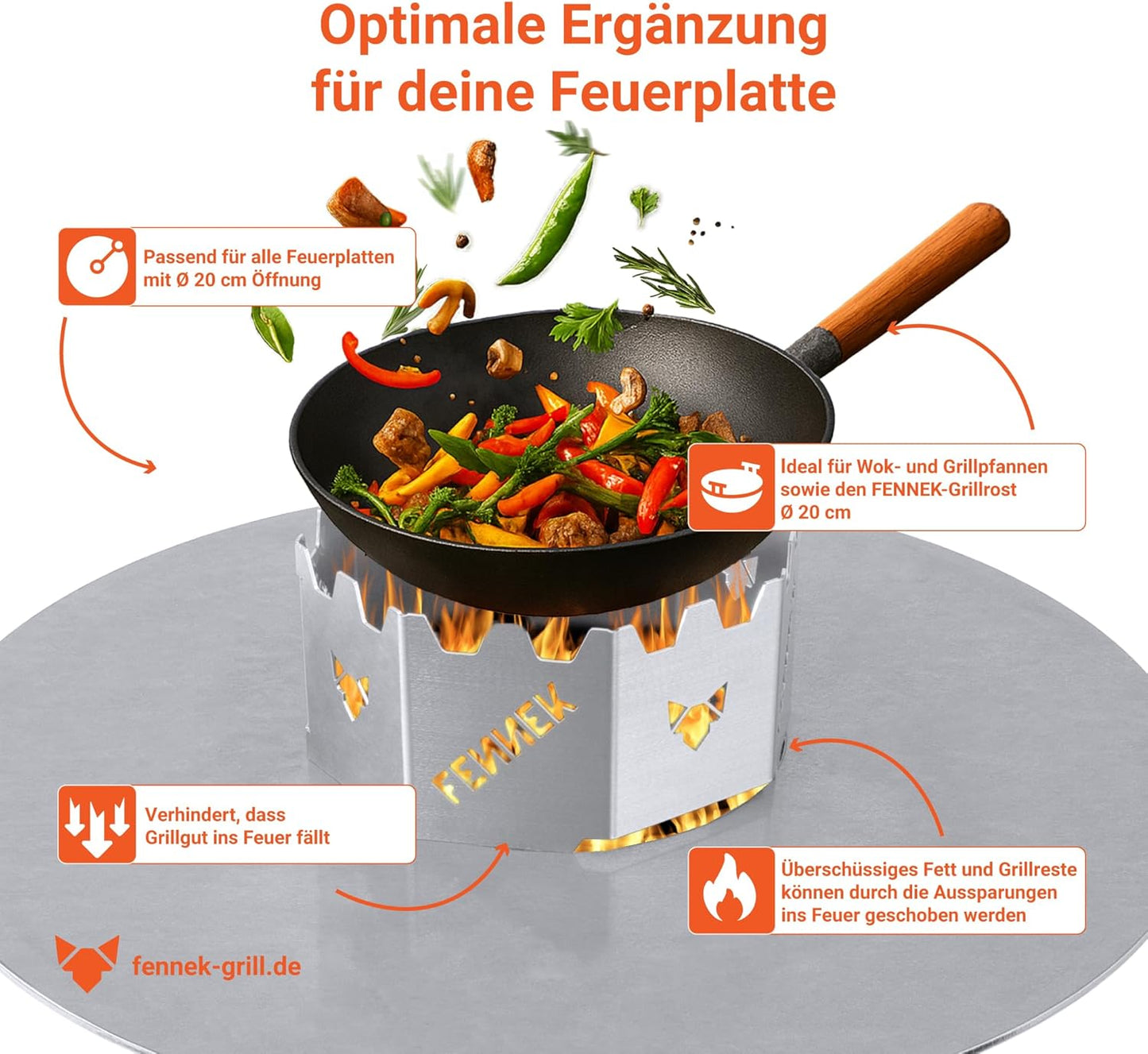 BBQ Wok Aufsatz für Feuerplatten, FENNEK BBQ WOK Aufsatz für Feuerplatten mit Loch Ø 20 cm