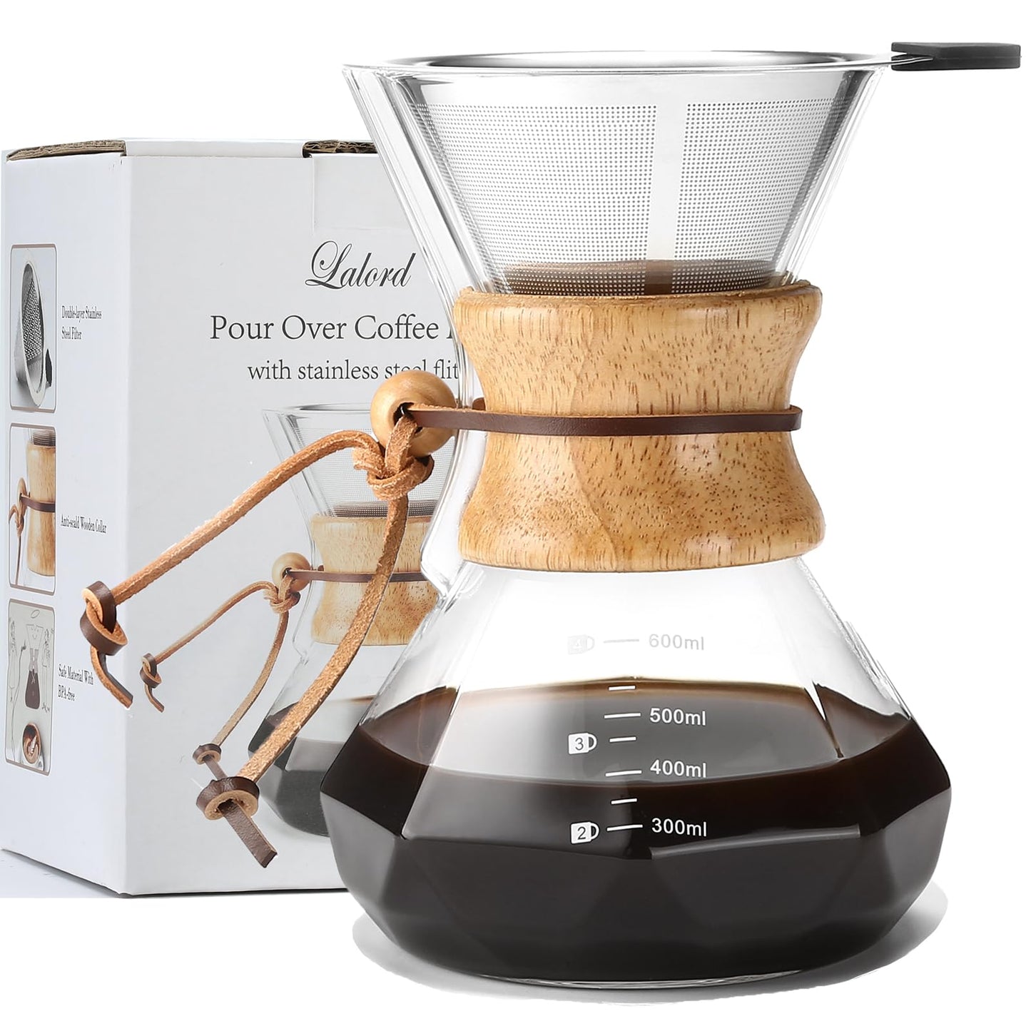 Pour Over Kaffeebereiter mit Edelstahlfilter, 600 ml (Transparent, Steel Filter)
