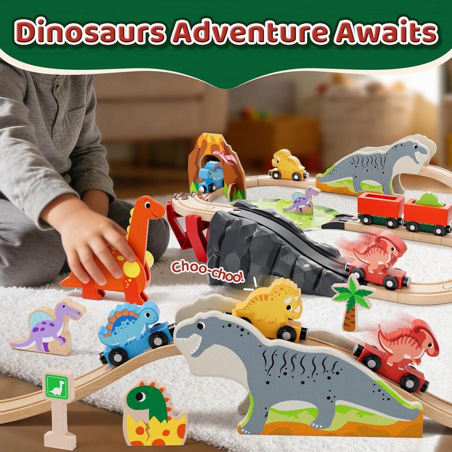 Holzeisenbahn-Set mit Dinosaurier, Dinosaurier