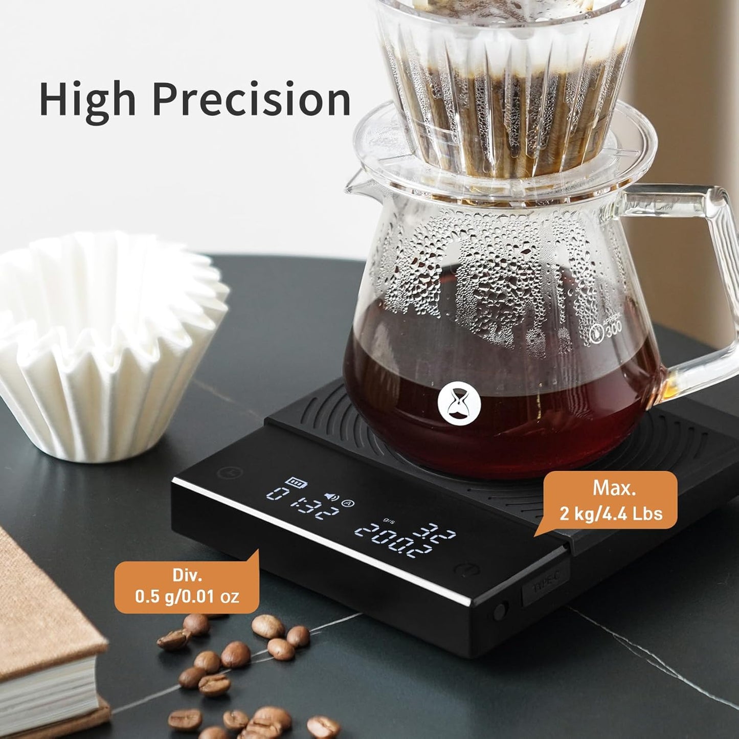 Kaffeewaage mit Timer und Durchflussmessung, Basic 2.0 schwarz