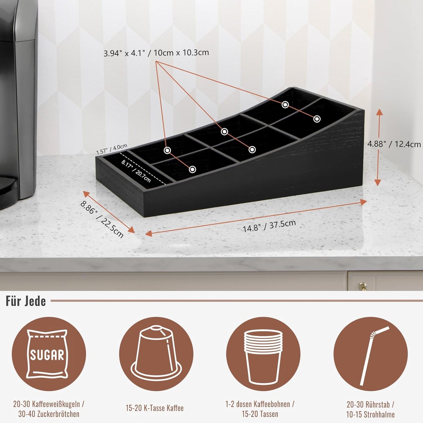 Kaffee-Organizer mit 7 Fächern für Kaffeeecke, Lang und Schmal (7 Fächer)