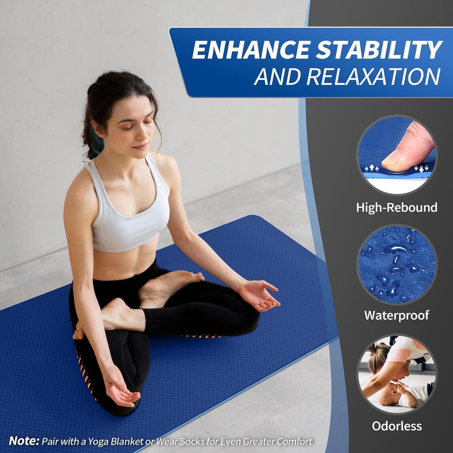 Yoga- und Pilatesmatte 8mm mit Tragegurt, Blau 183cm x 61cm x8mm