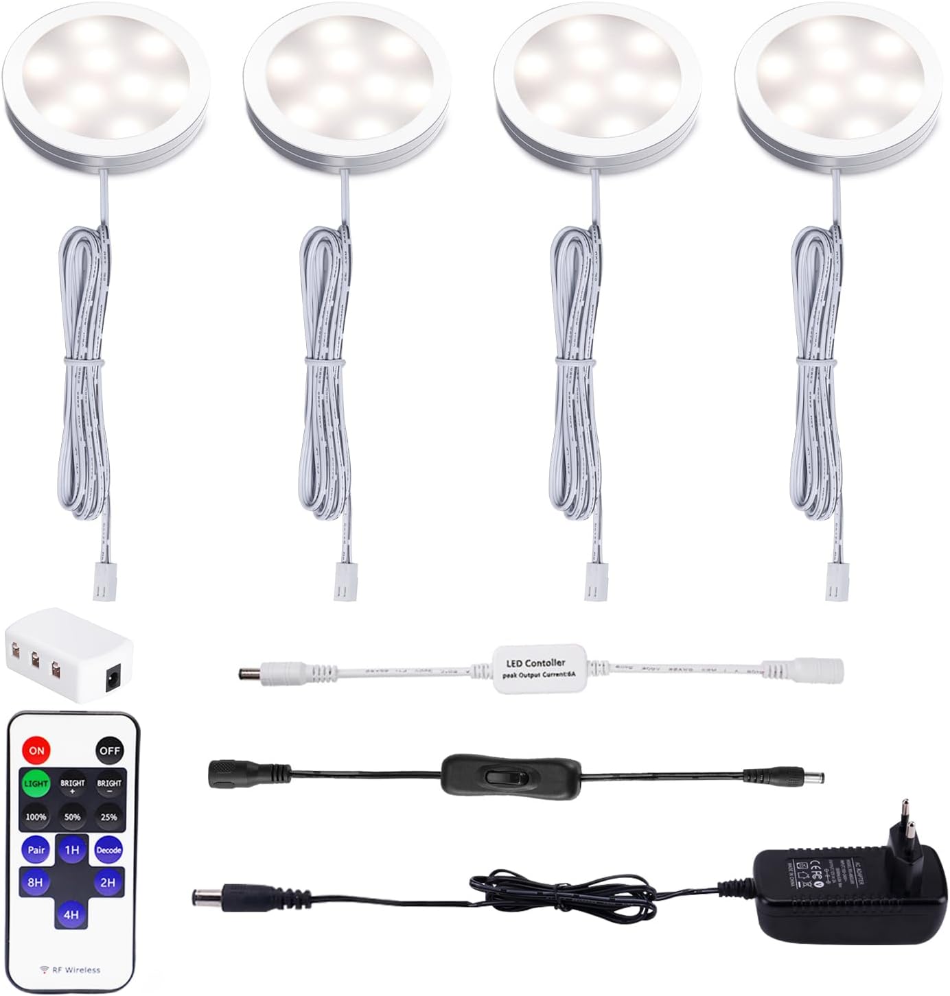 4er Set Unterbauleuchte LED mit Fernbedienung, Natürliches Weiss 4000k 4 Stück
