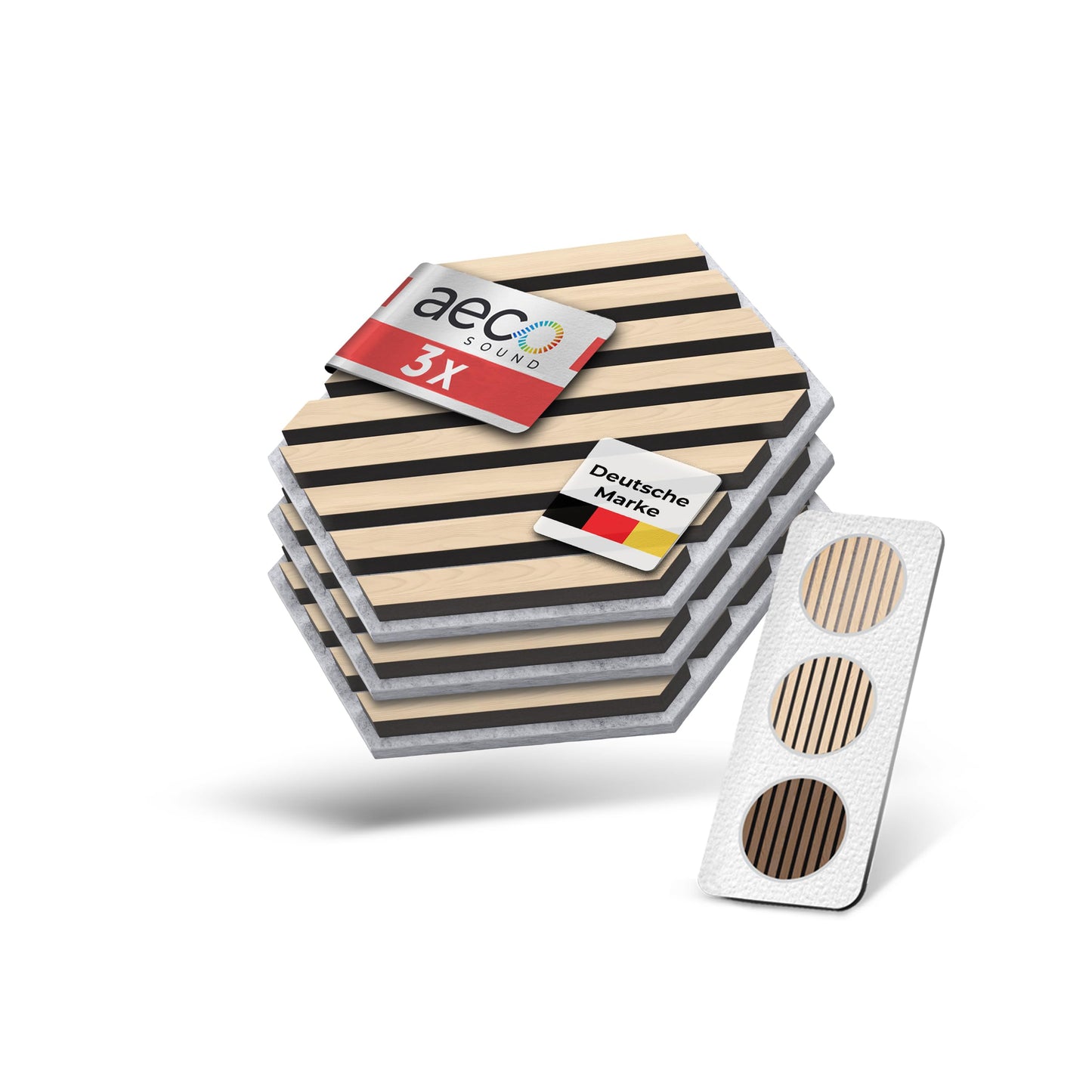 3er Set Akustikpaneele, 3 Stück | 30 x 26 x 2,1 cm Holzfurnier Eiche | Akustikfilz Grau