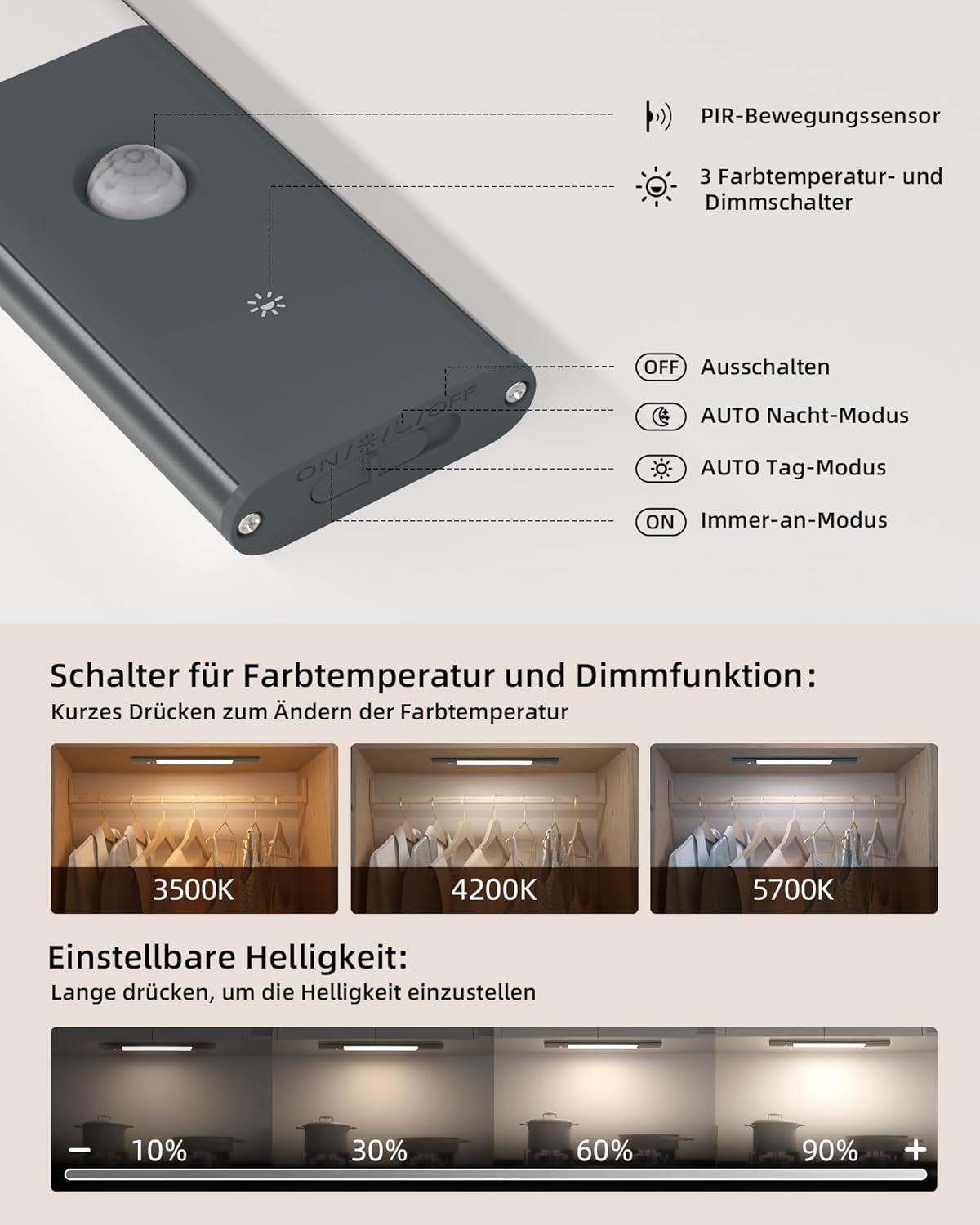 Kabellose LED-Unterbauleuchten mit Bewegungsmelder, Space Grau ; 2*38cm