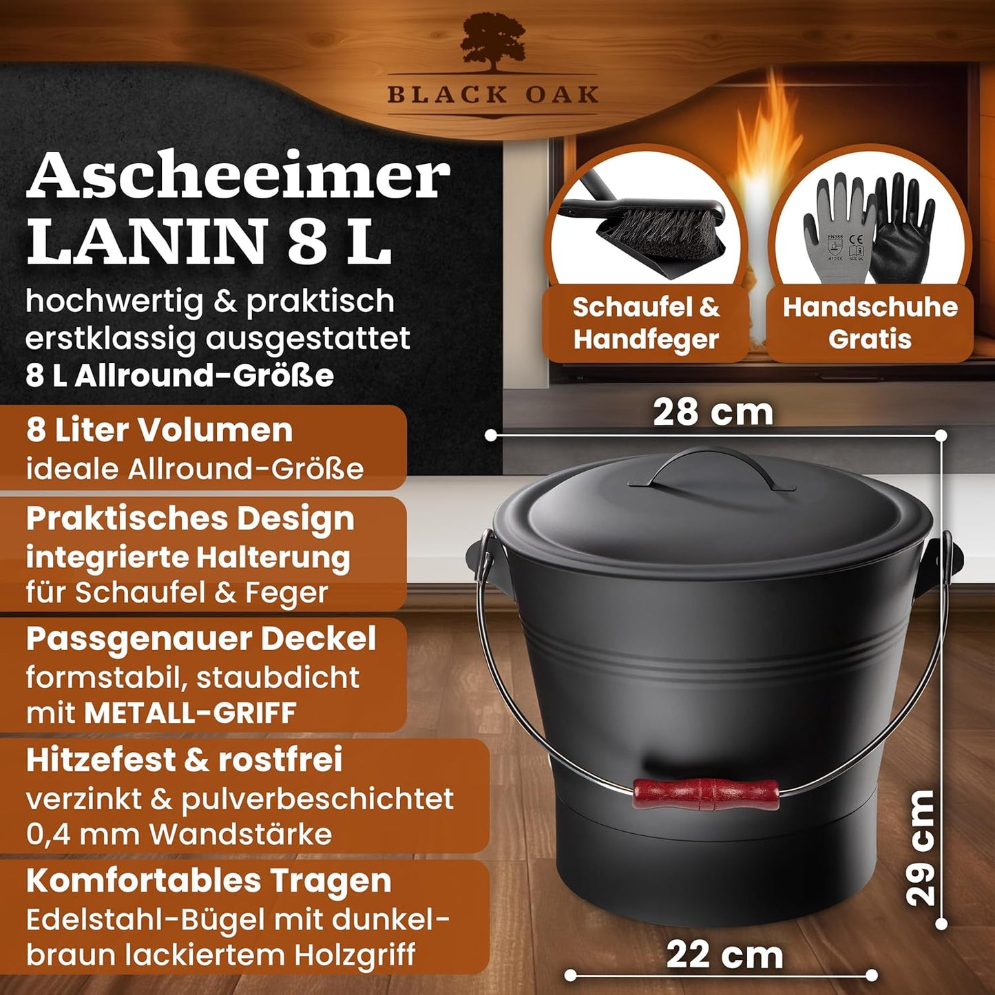 Ascheeimer-Set Lanin mit Kehrset & Handschuhen, Lanin 8L DUNKEL Eimer + Kehrset