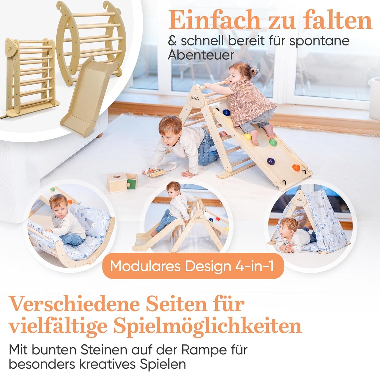 4 in 1 Kletterdreieck mit Rutsche & Rampe, 4T -Natural