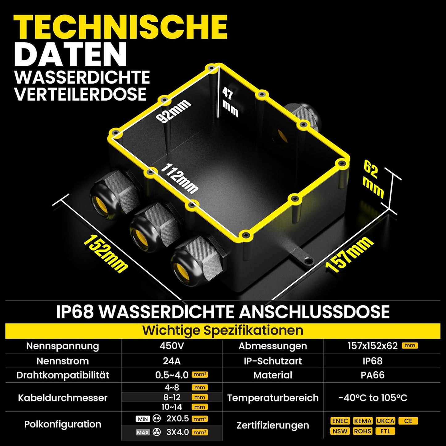 Wasserdichte 4-Wege-Verteilerdose IP68 für Aussenbereich, 4-Eingänge