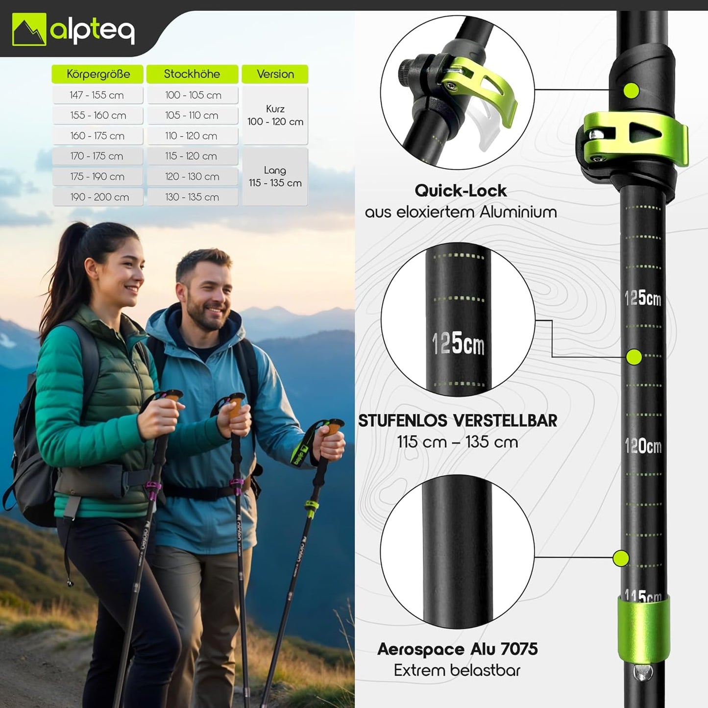 Faltbare Trekkingstöcke mit Korkgriff, Aluminium 115-135 cm | Lime Green