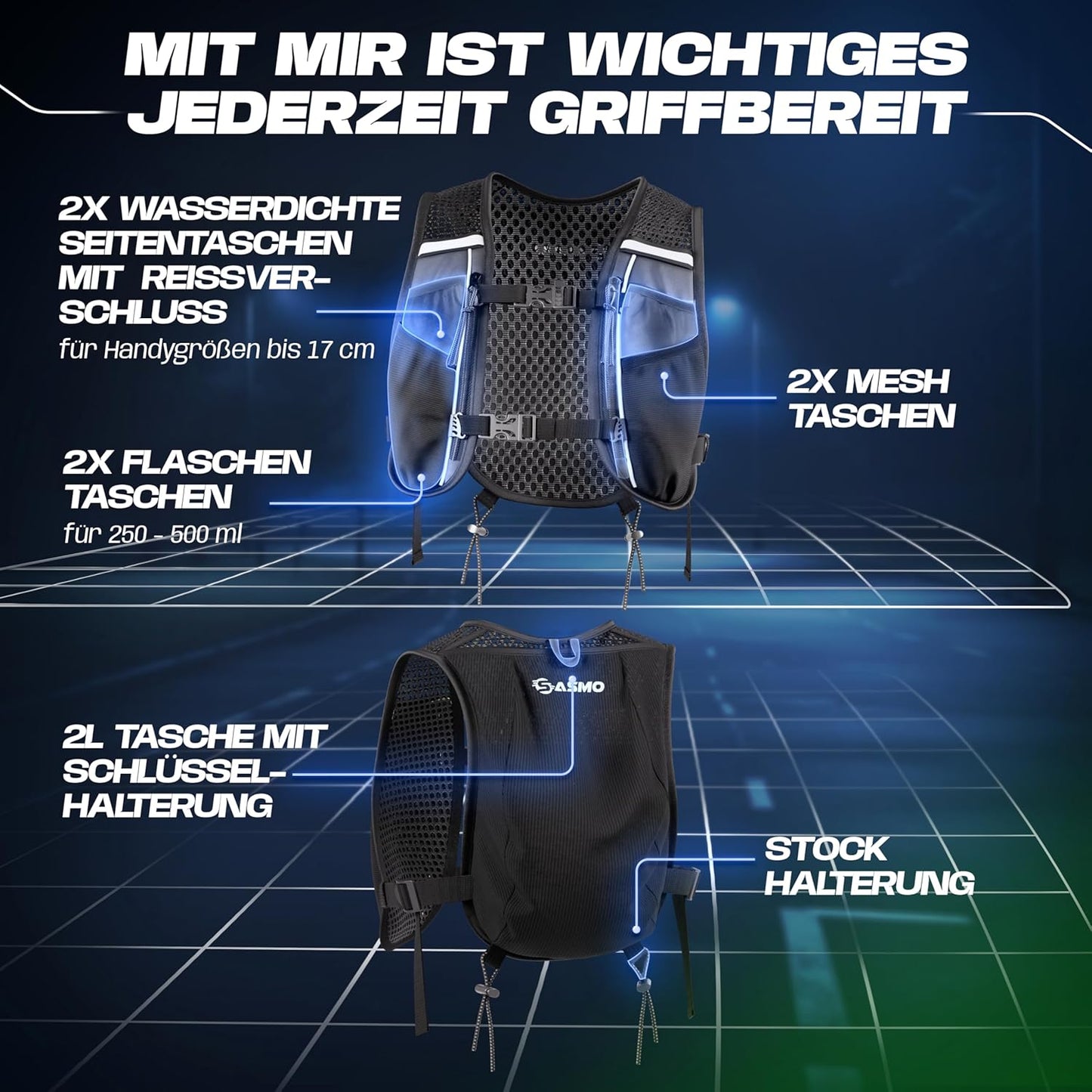 Laufweste, 2L - schwarz - mit 1x500ml 2L