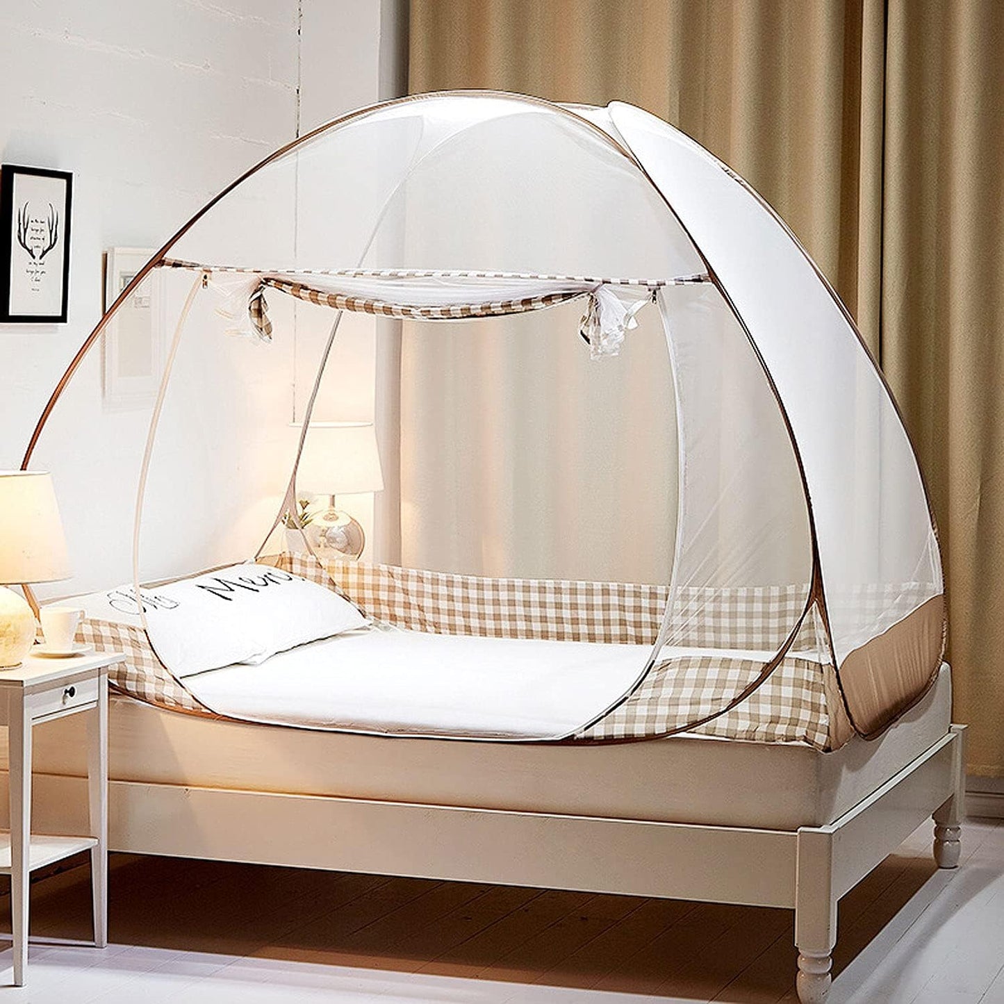 Faltbares Pop-Up Moskitonetz für Bett und Camping, Braun 200x180x150 cm (1er Pack)