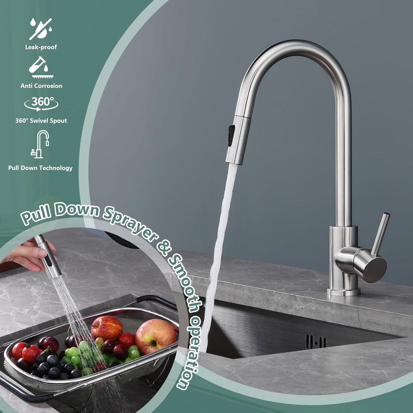 Küchenarmatur mit Ausziehfunktion, 360° drehbar, Gebürstetes Nickel
