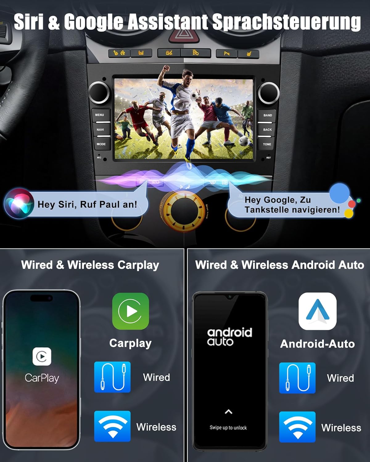 Bluetooth Autoradio mit Navi & Carplay, Opel kompatibel, Schwarz
