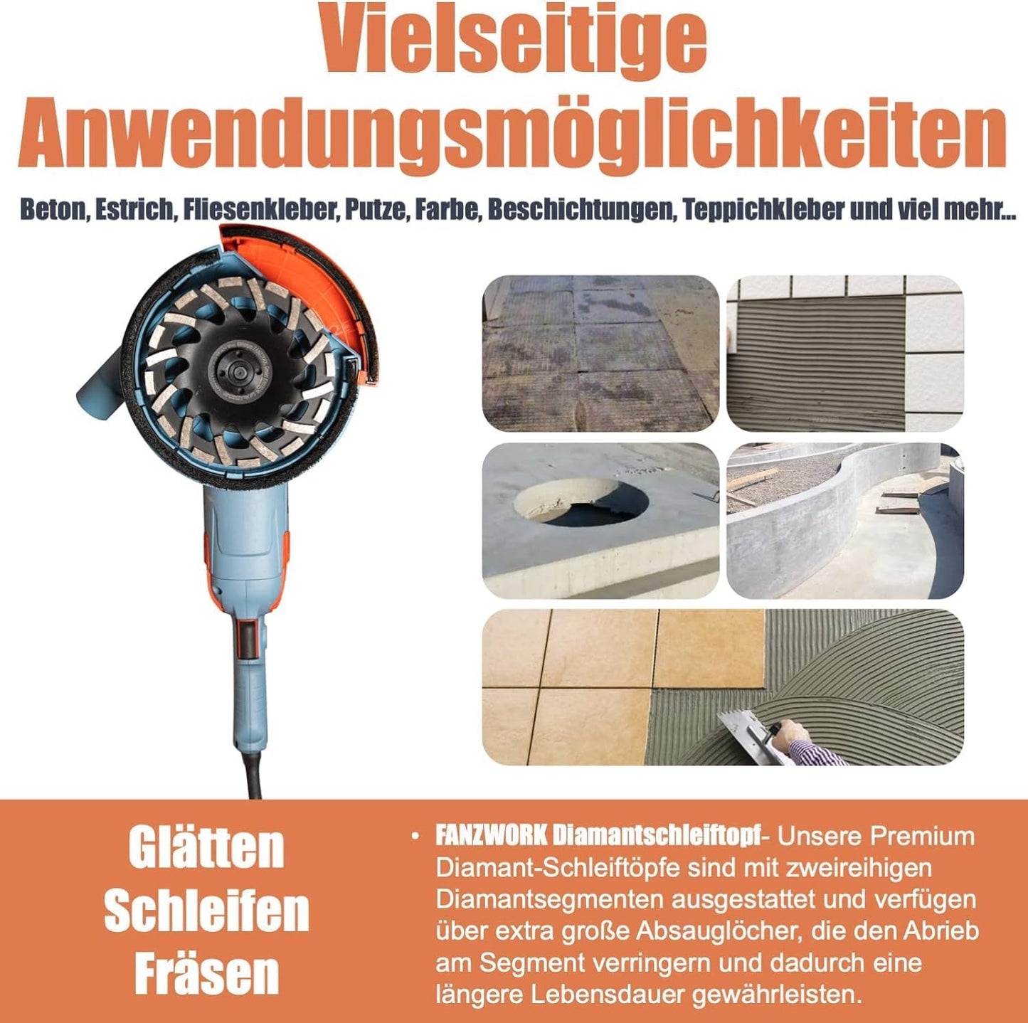 Betonschleifer Set mit Diamantschleiftöpfen, 1750W/180mm+