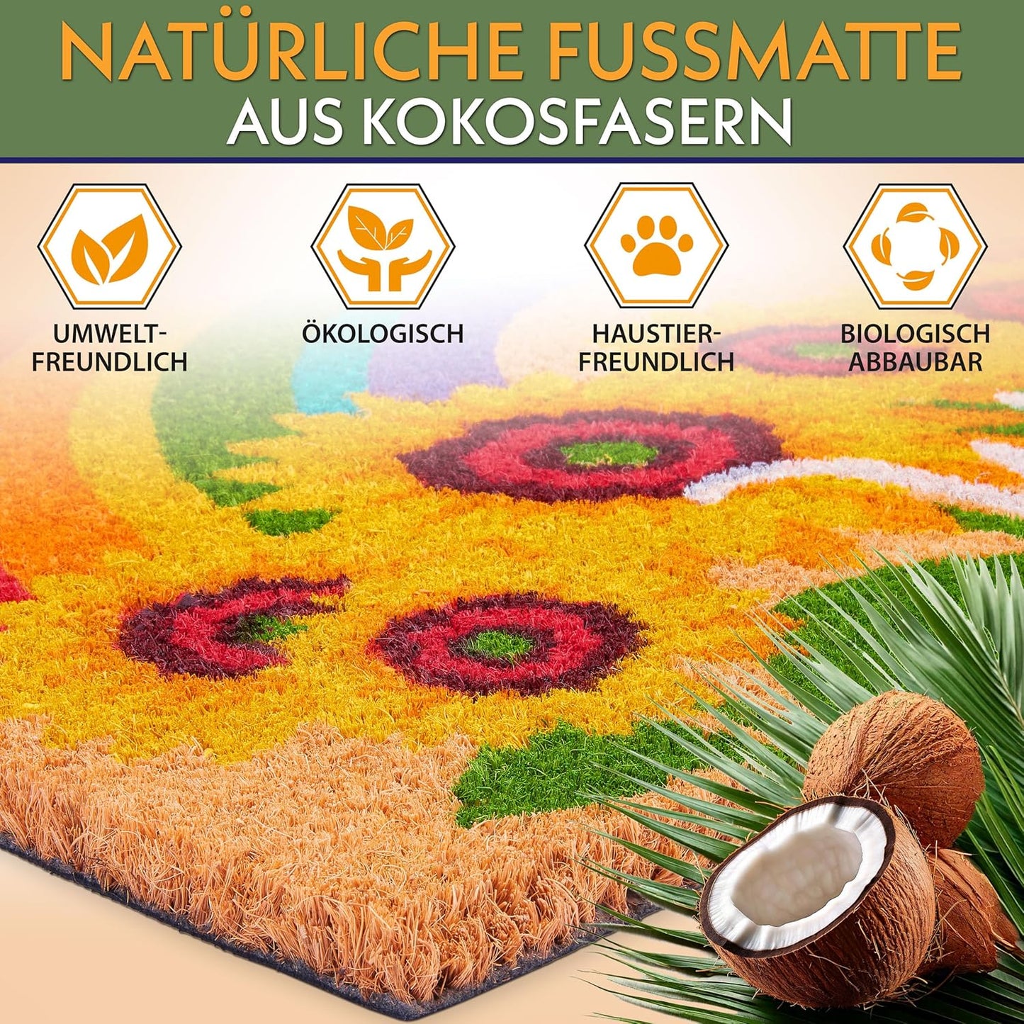 Antirutsch Fussmatte, Welcome - Sonnenblumen und Regenbogen