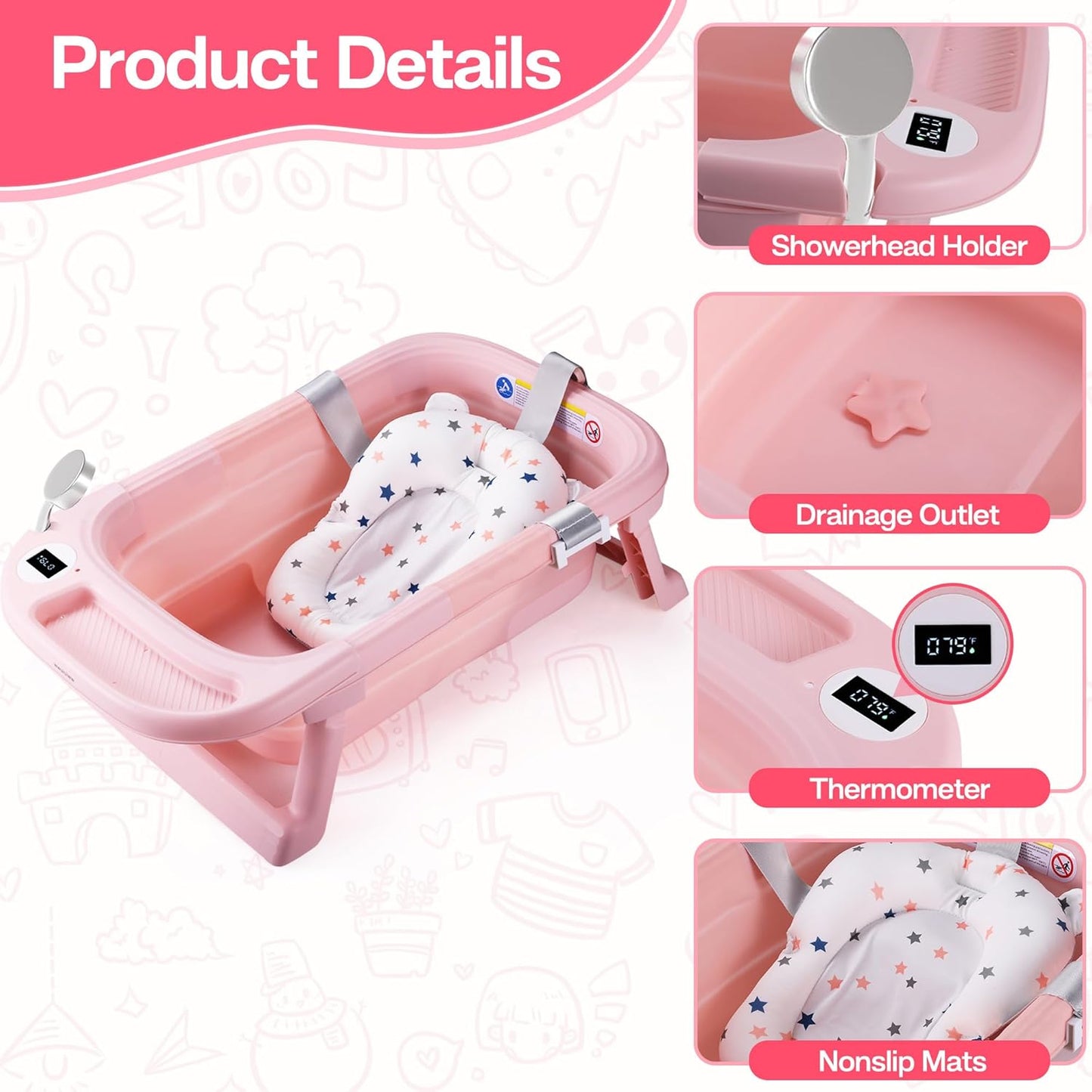 Faltbare Babywanne mit Thermometer, PINK+