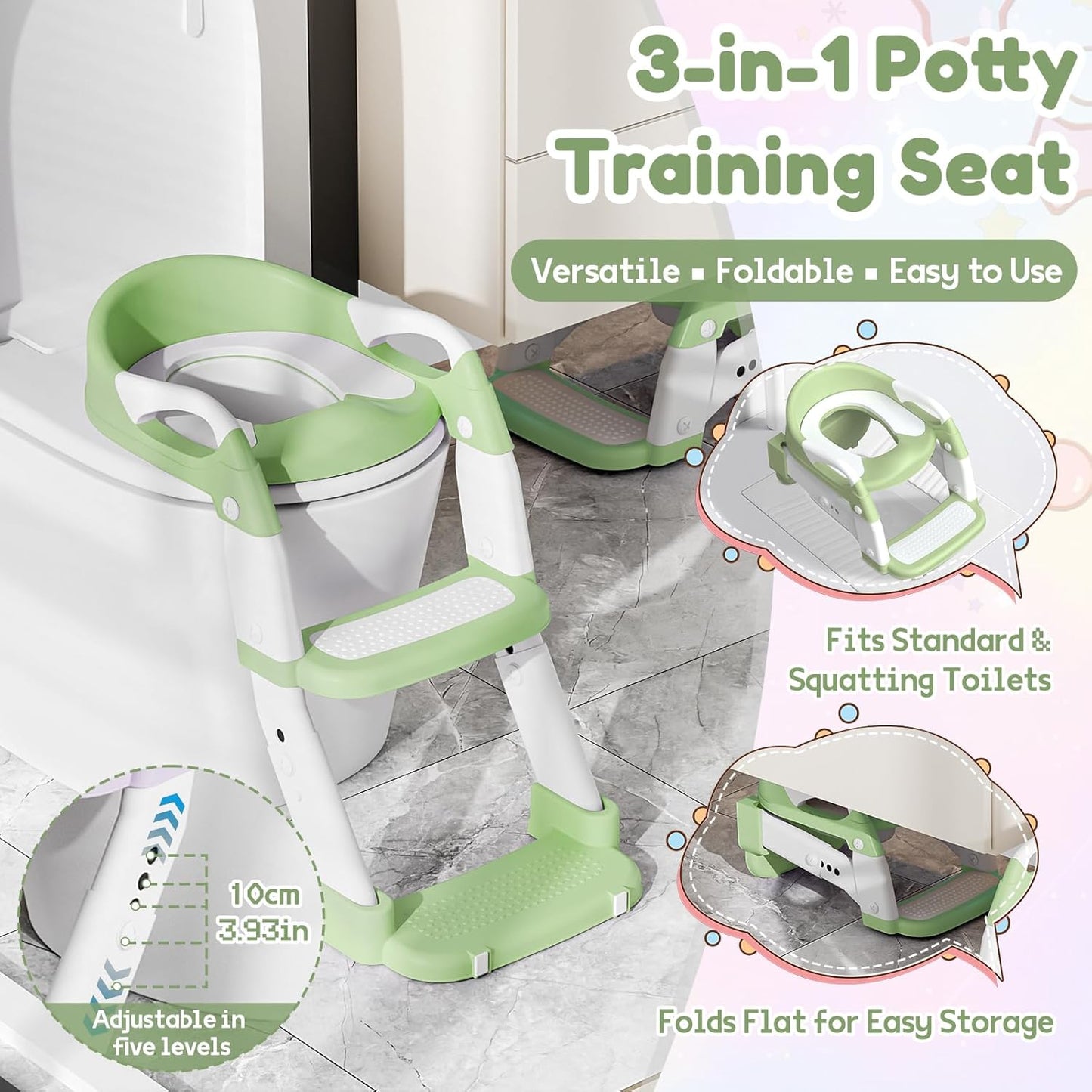 3-in-1 Toilettensitz mit Treppe für Kinder, Grün
