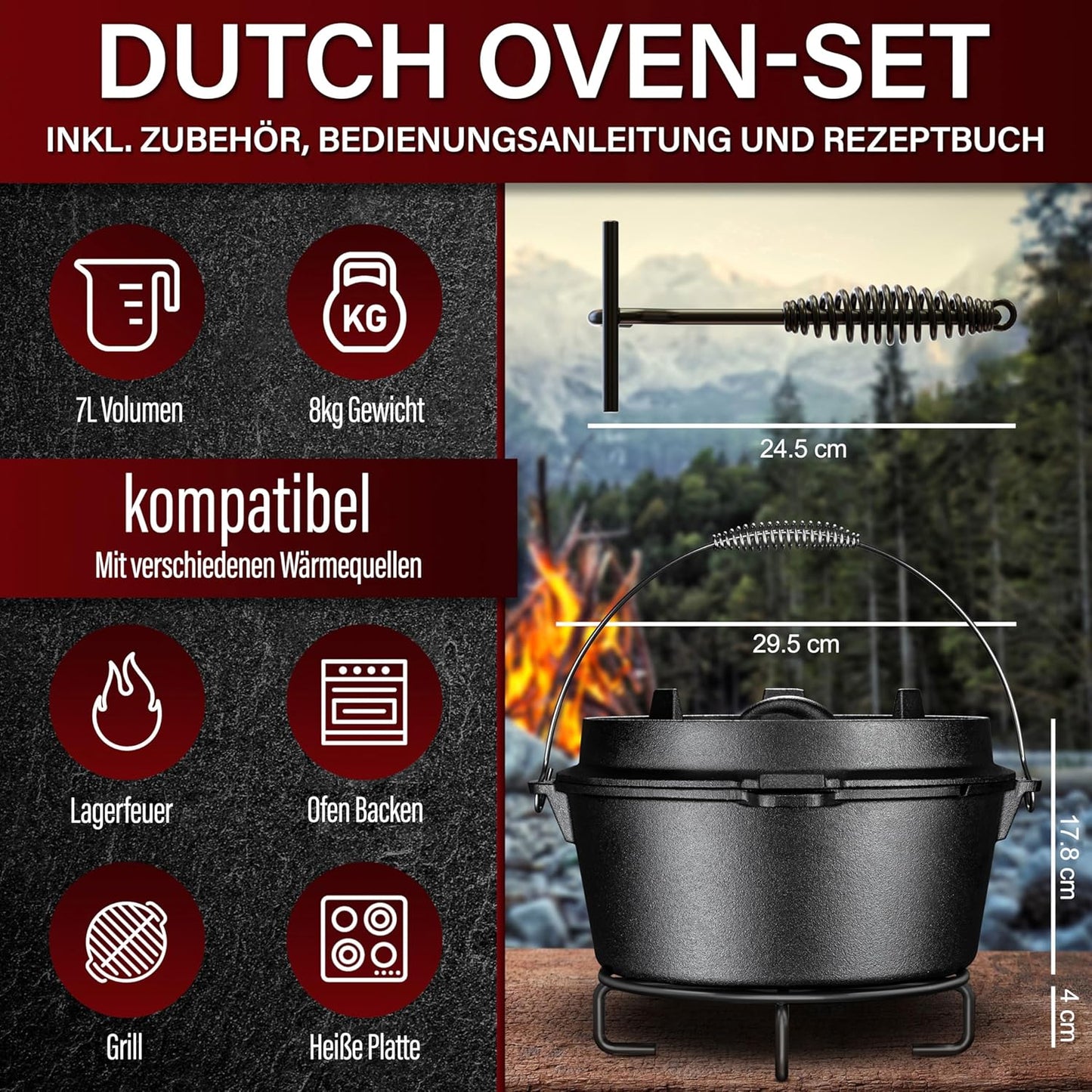Dutch Oven Set mit Deckelheber und Untersetzer, Topf ohne Fuss 7 Liter