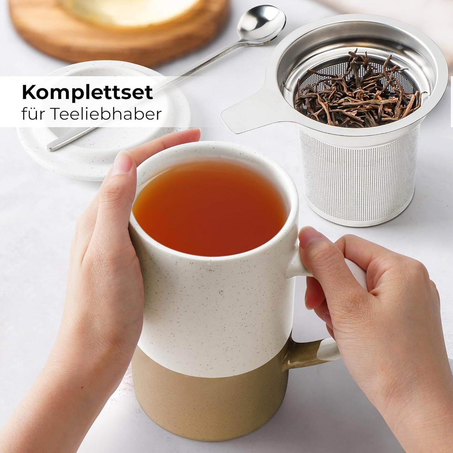 2er-Set Tee-Tassen mit Sieb und Löffel, Braun