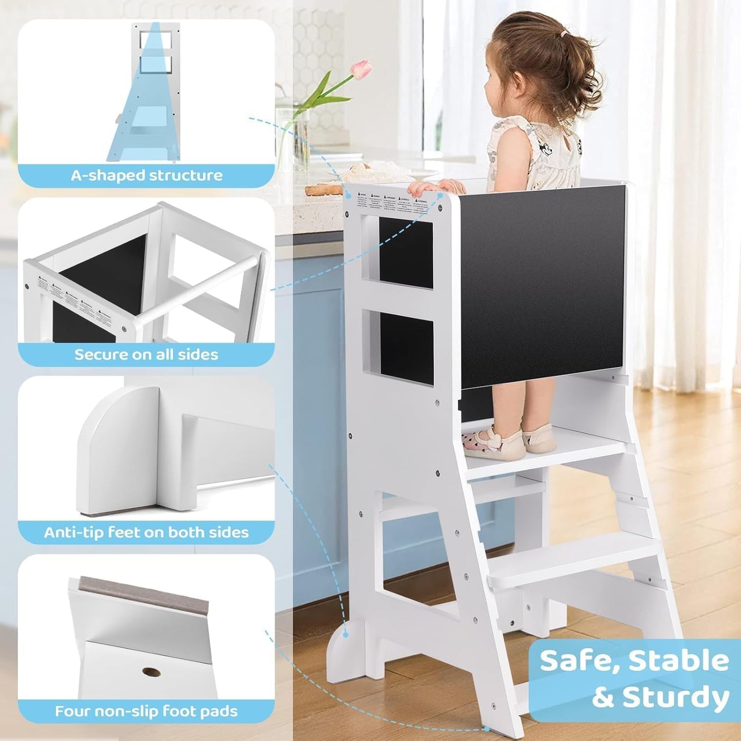 Lernturm mit magnetischem Whiteboard und Kreidetafel, Weiß