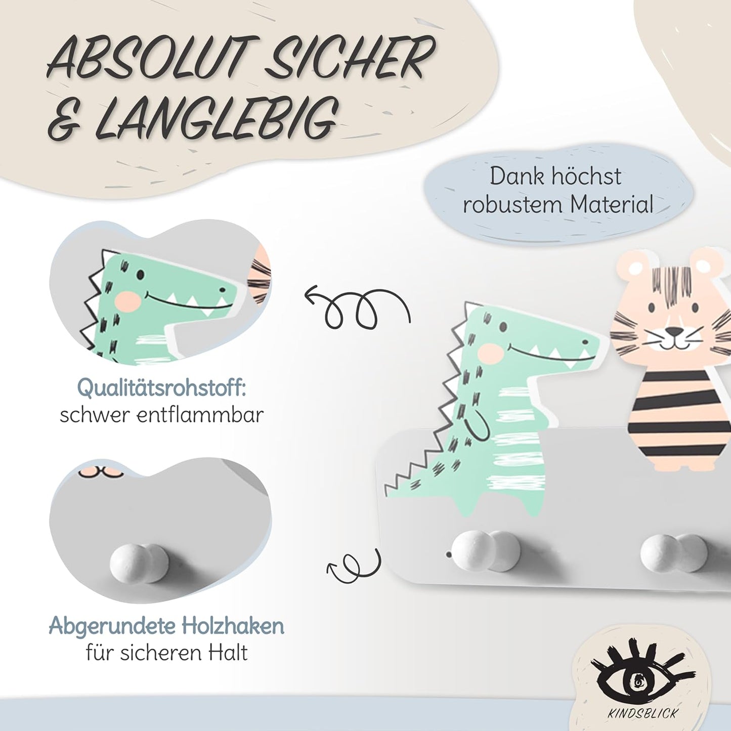 Kindergarderobe mit 4 Haken und A4 Poster, Junglefreunde Grau