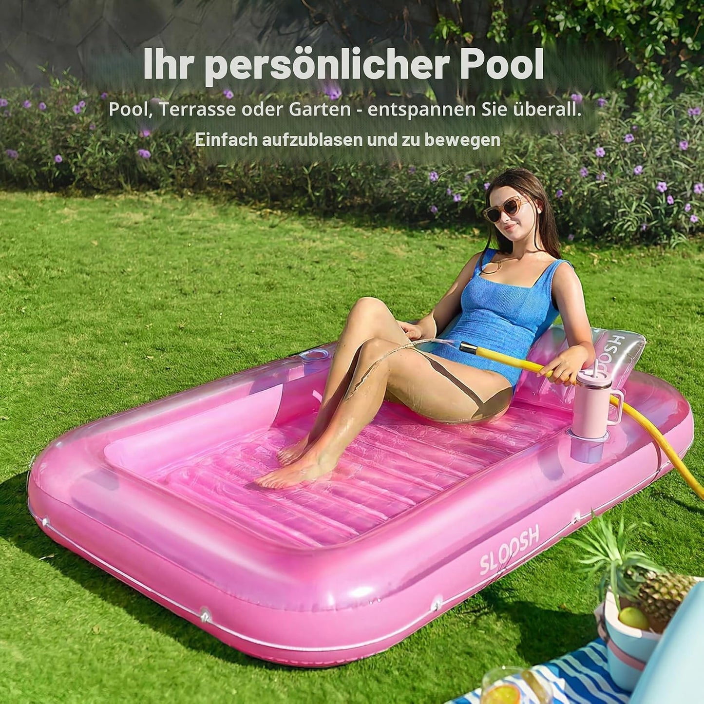 Aufblasbarer Sonnenpool mit abnehmbarem Kissen und Getränkehalter, Rosa L