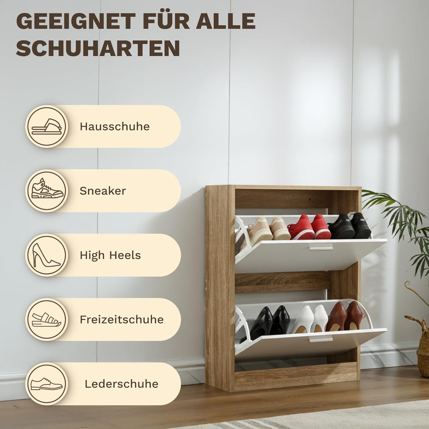 Schmaler Schuhschrank mit 2 Fächern für 12 Paar Schuhe, 2 Fächer Weiss