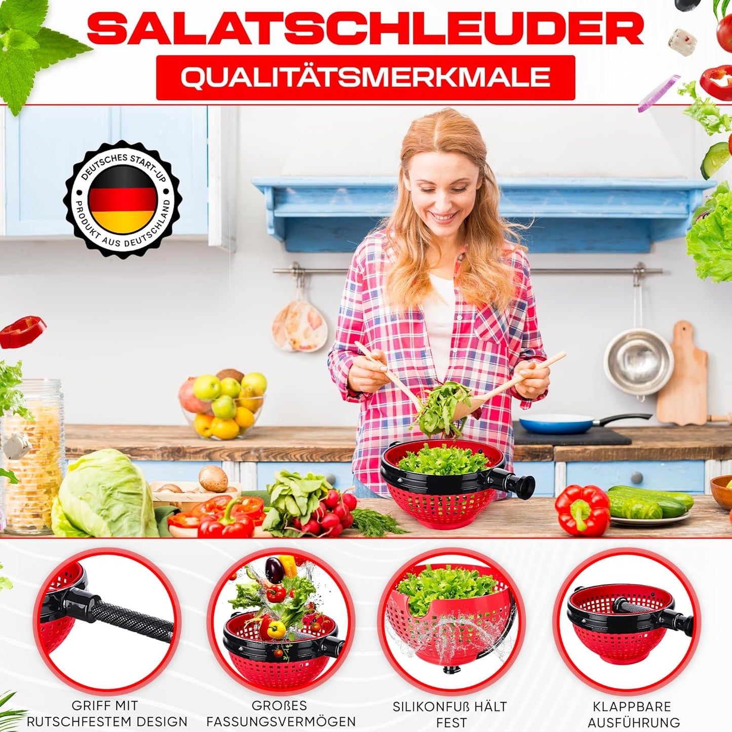 Salatschleuder mit praktischem Klappgriff, Rot