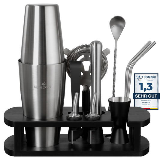 11-teiliges Cocktail-Set mit Ständer, Schwarz-silber