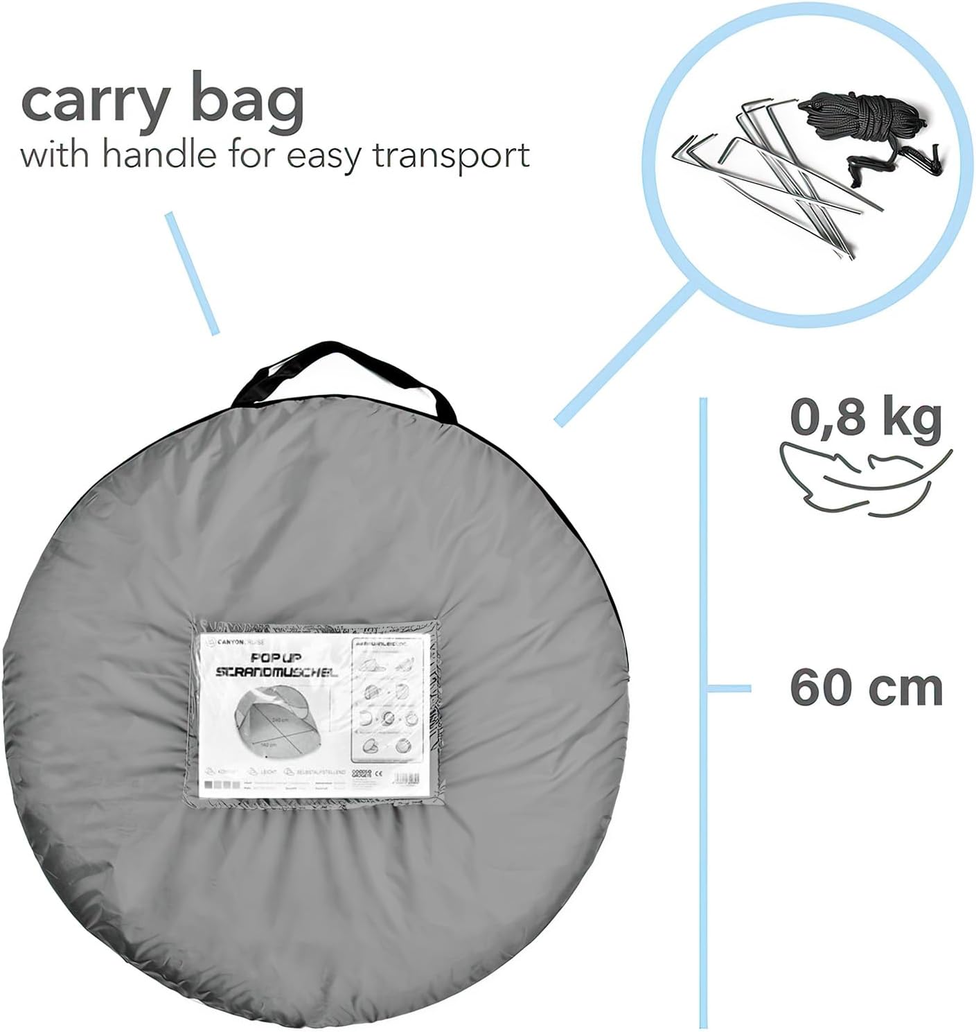 Pop-Up Strandmuschel mit UV-Schutz und Windschutz, Grau