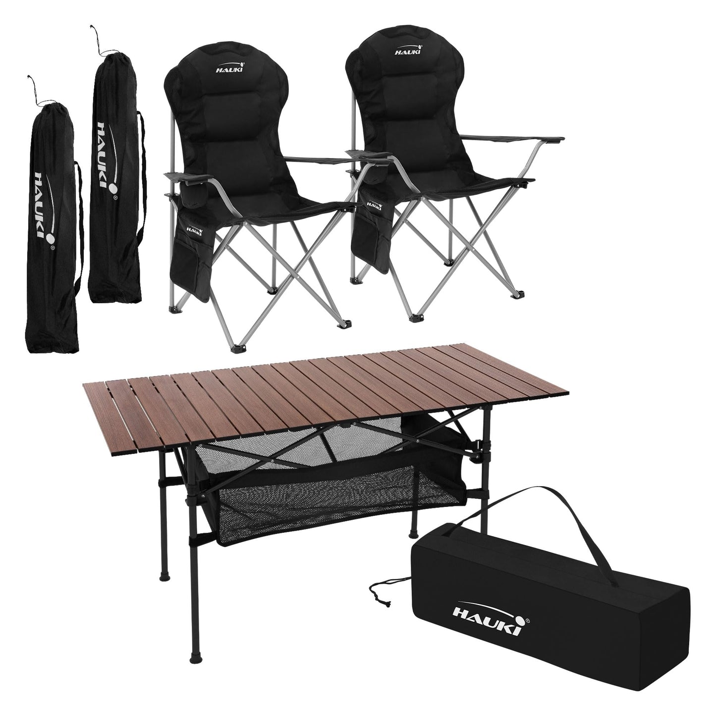 3-teiliges Campingmöbel-Set faltbar, mit Tragetasche, Campingtisch Braun 2x Campingstuhl Schwarz