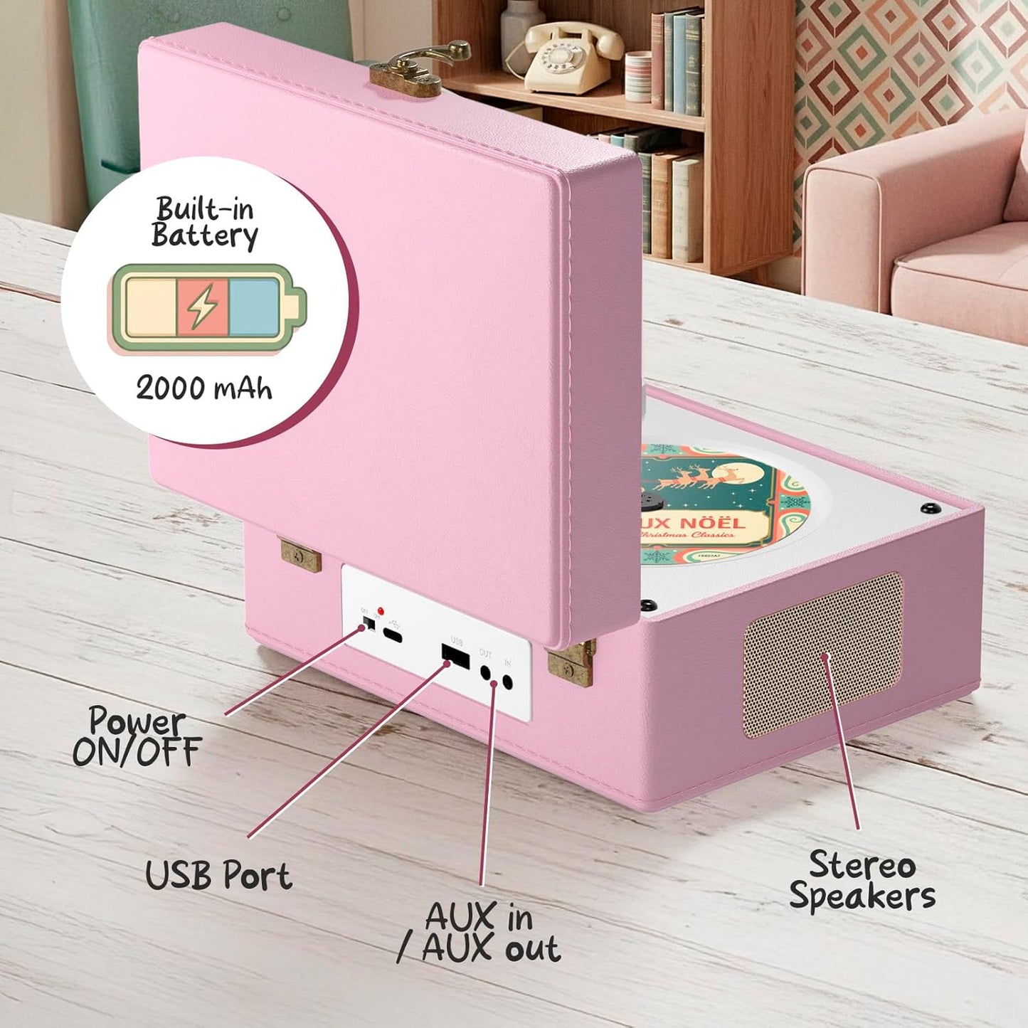 Retro-CD-Player mit Bluetooth und Lautsprecher, Rosa