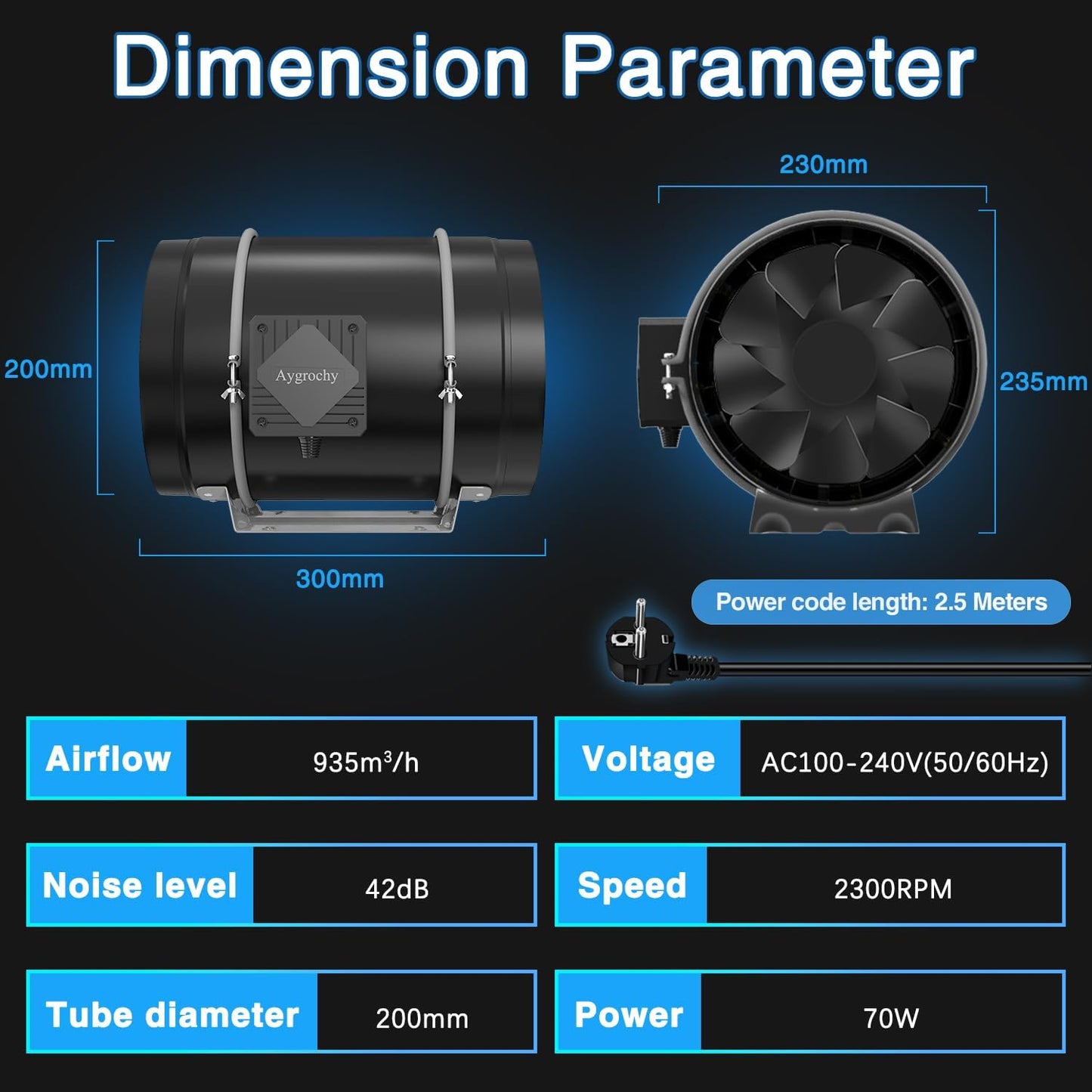Rohrventilator, 200mm réglable Potentiometer-Geschwindigkeitsregelung