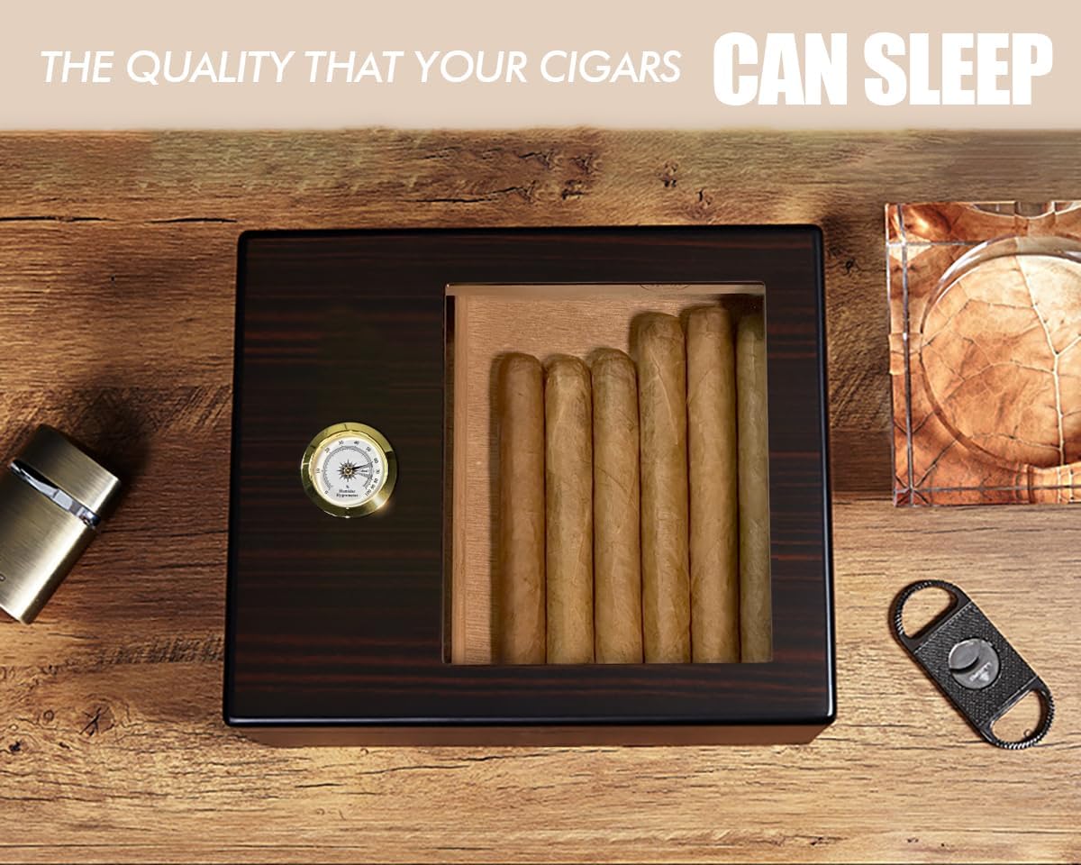 Zigarren-Humidor mit Hygrometer, Schwarz