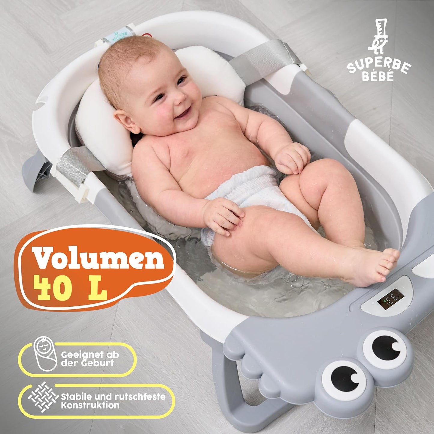 Faltbare Babybadewanne mit Badekissen, 2 x faltbar GRAU