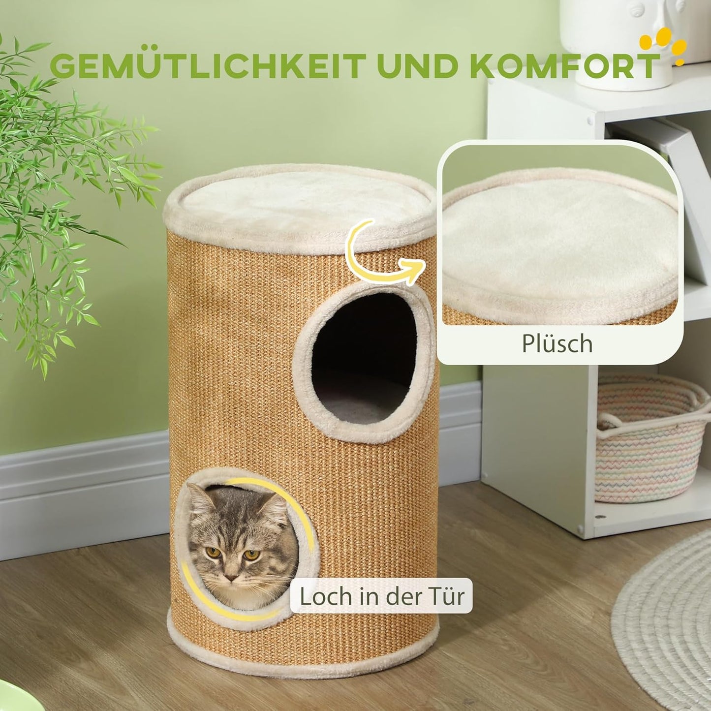 Zweistöckige Katzenkratztonne mit Plüschrand