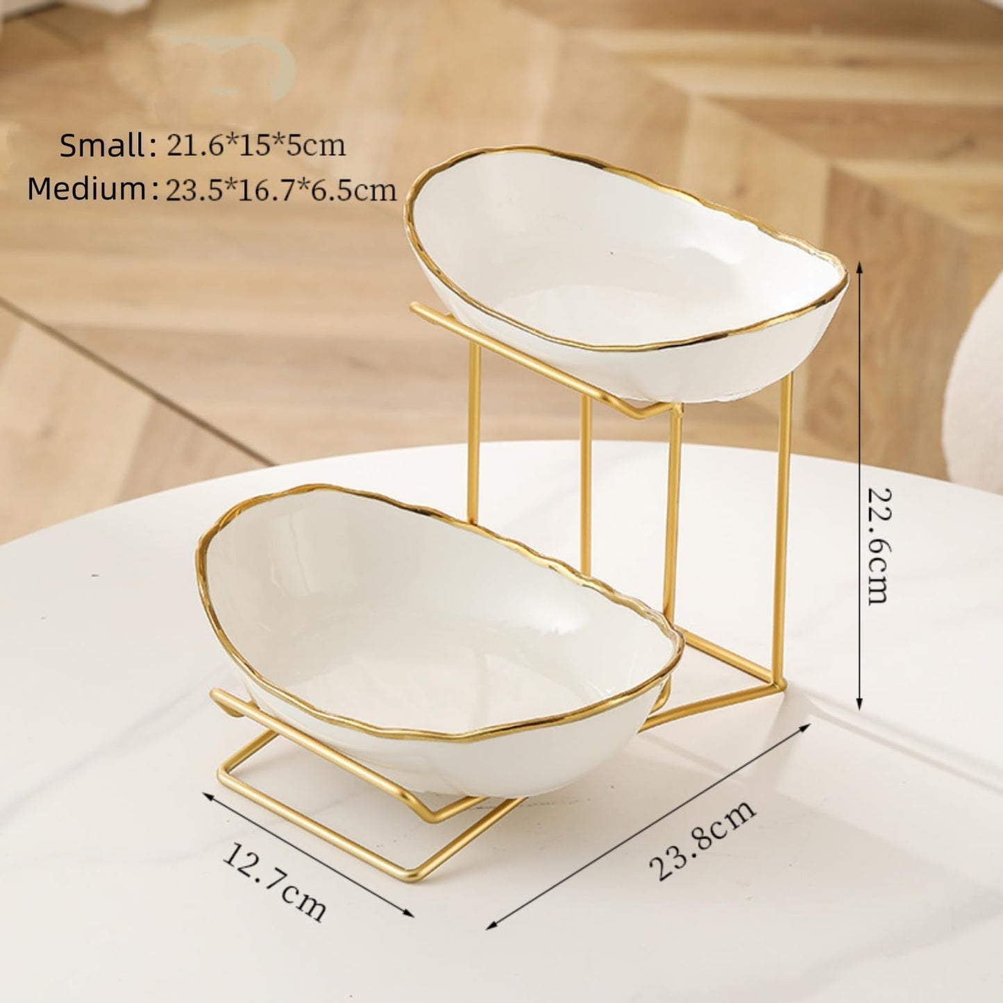 2-stöckige Keramik Obst Etagere mit Metallständer, Gold-weiss-2schale